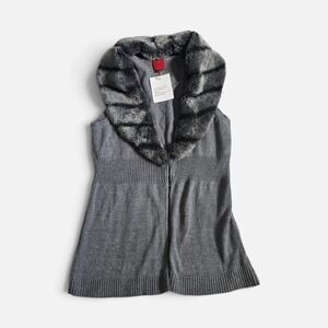 Colour Works NWT Women's Gray Y2K Sweater Vest Faux Fur Collar Ribbed